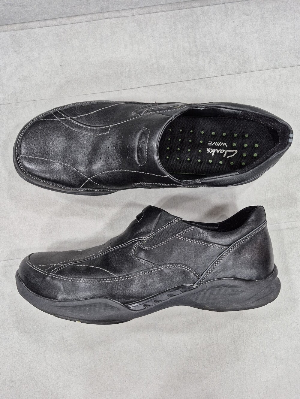 Clarks Wave Walk slip on shoes men's 12W black leather casual sneaker